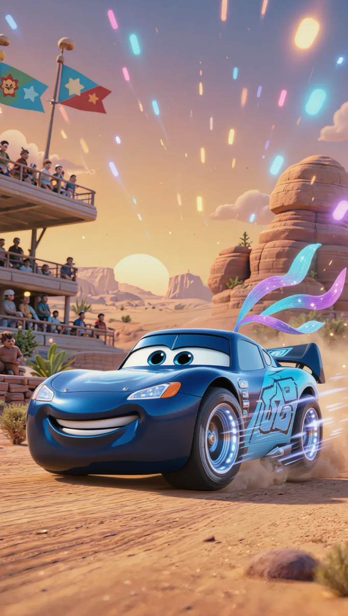  Off-road cartoon truck transformed into a blue racing car with AI