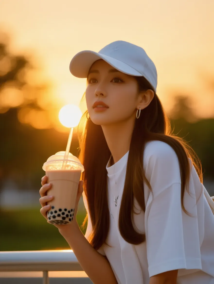 A woman wearing a cap and holding bubble tea